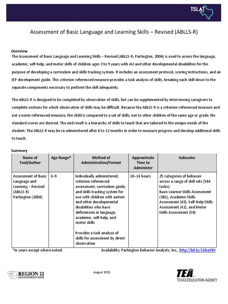Assessment of basic language and learning skills revised ablls r