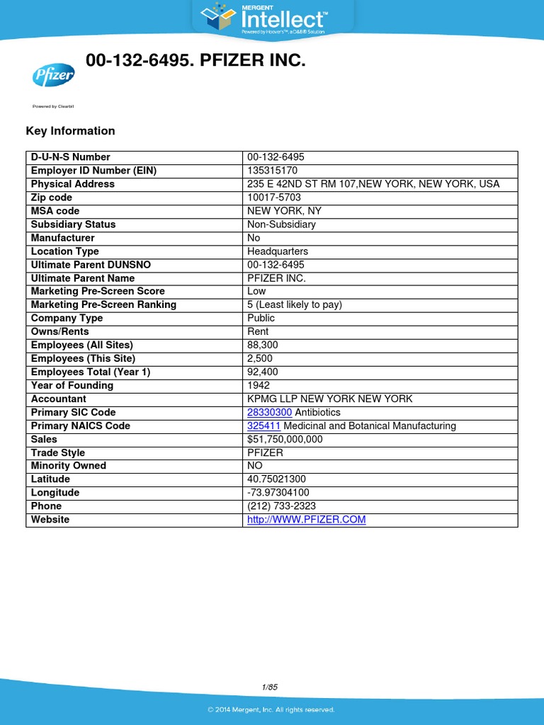 00-132-6495. PFIZER INC.: Key Information | PDF | Pfizer | Pharmaceutical