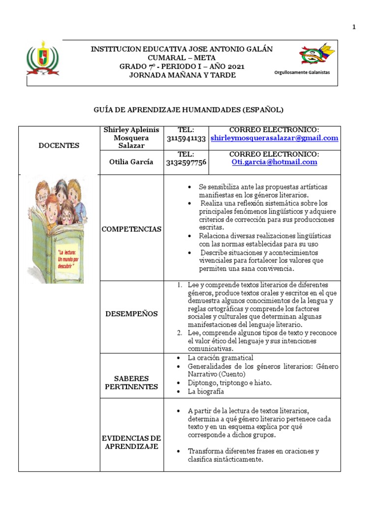 Guía de Aprendizaje Español Grado 7 | PDF | Oración (Lingüística ...