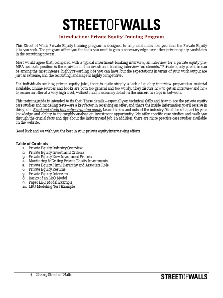 Street of Walls - Private Equity Training Guide | PDF | Leveraged Buyout |  Private Equity