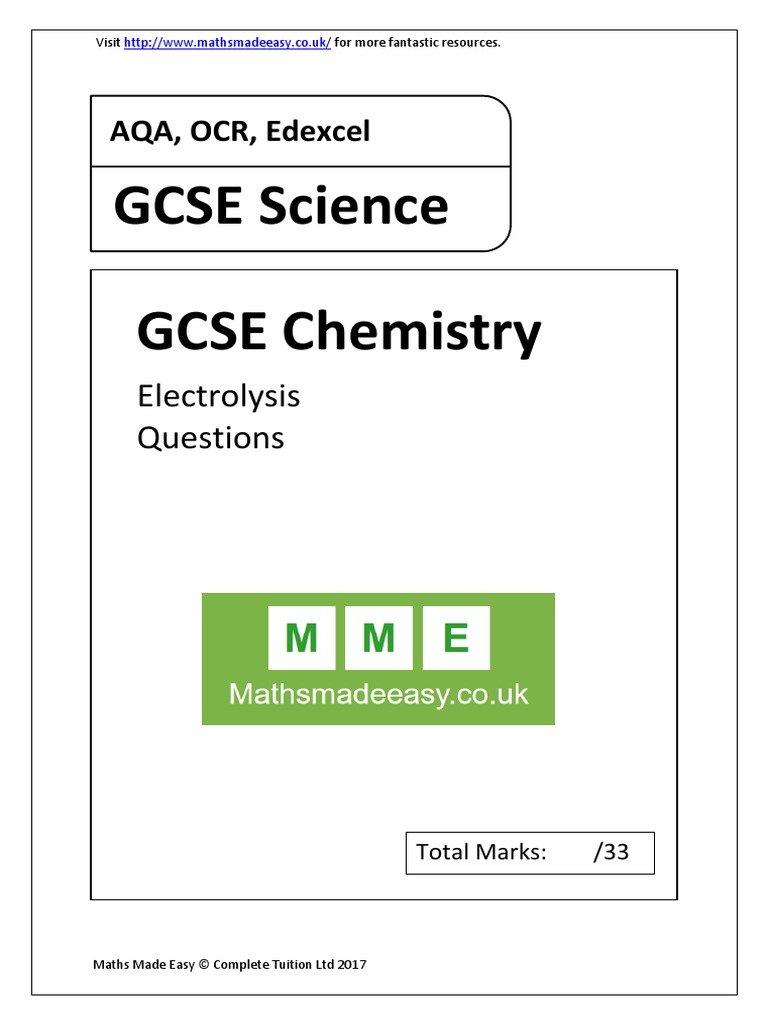 GCSE Chemistry Electrolysis. AQA OCR Edexcel. Questions PDF