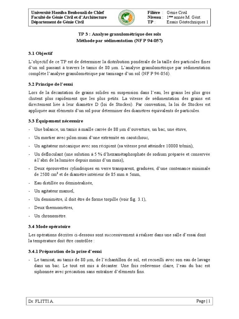 Analyse Granulométrique des Sols par Sédimentation | PDF | Sciences ...