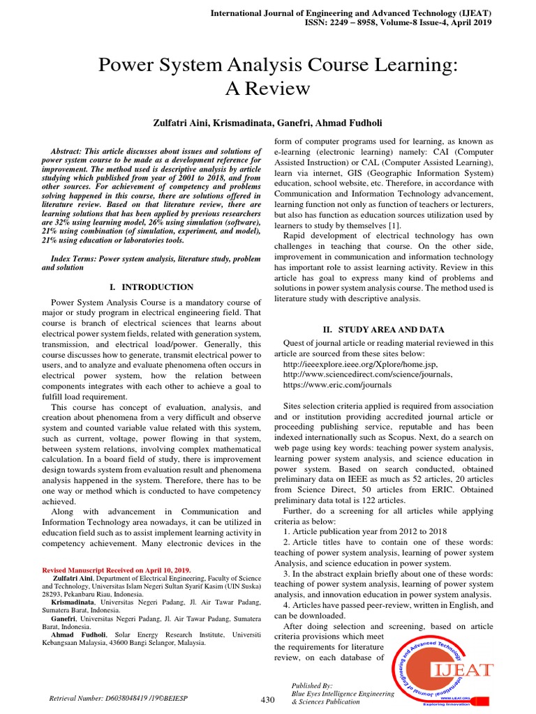 Power System Analysis Course Learning A Review Zulfatri Aini