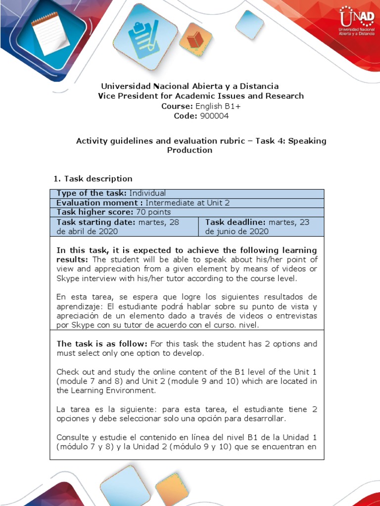Activities Guide and Evaluation Rubric - Unit 2 - Task 4 - Speaking ...