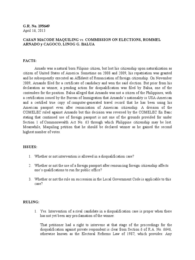 G r no 195649 maquiling v comelec pdf citizenship of the united