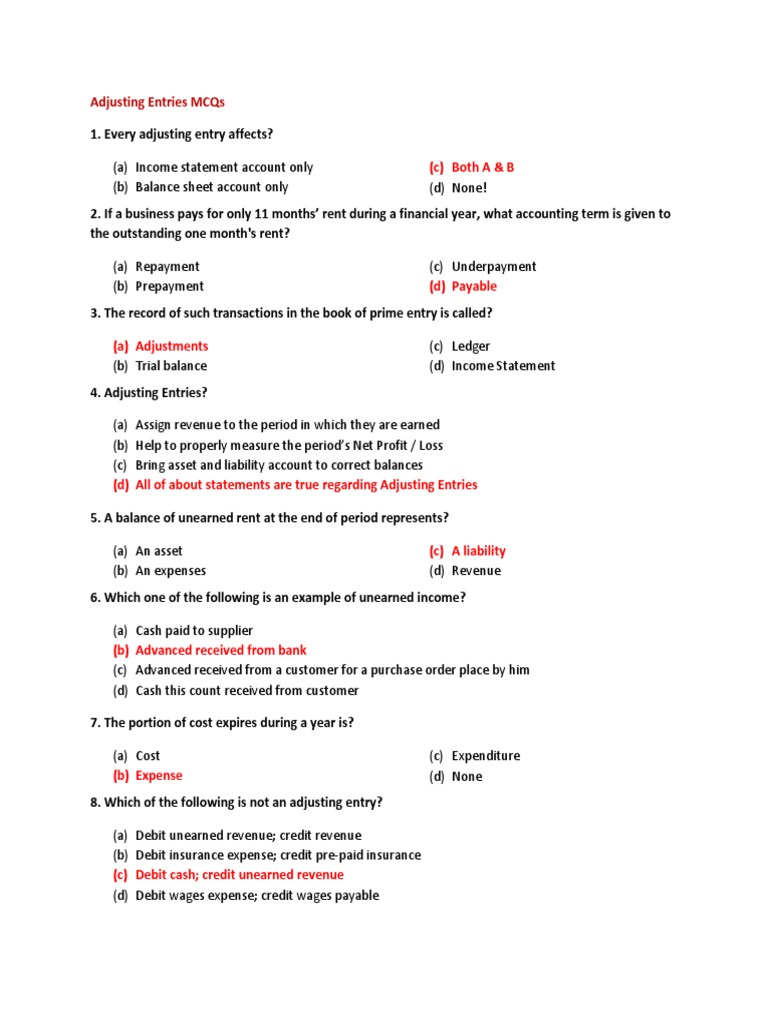 Adjusting Entries MCQs PDF Debits And Credits Revenue