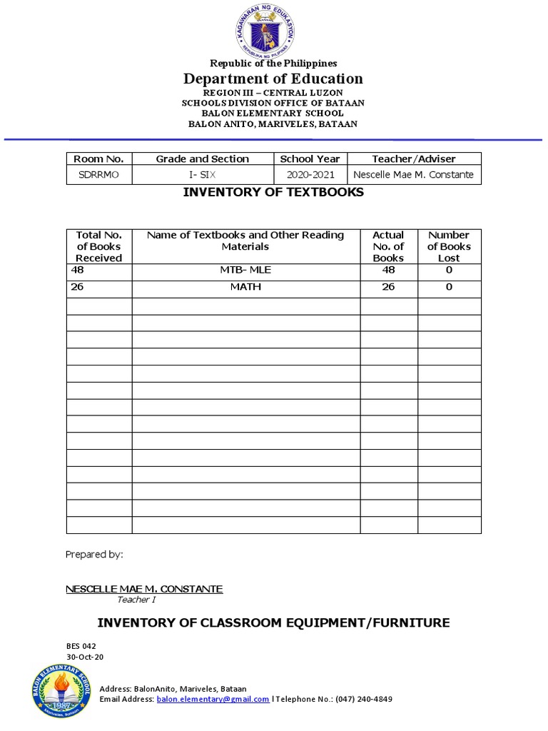 Classroom Inventory for Balon Elementary | PDF | Chair | Equipment