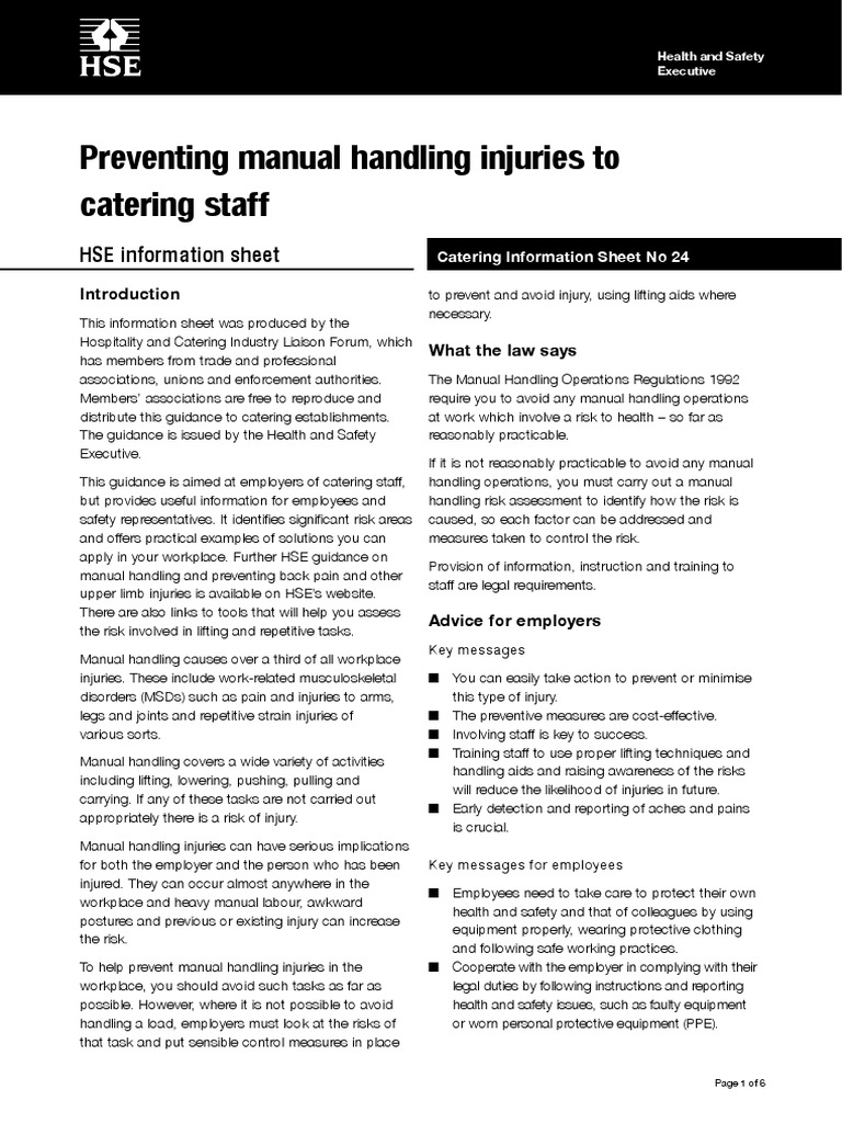 Preventing Manual Handling Injuries To Catering Staff HSE Information