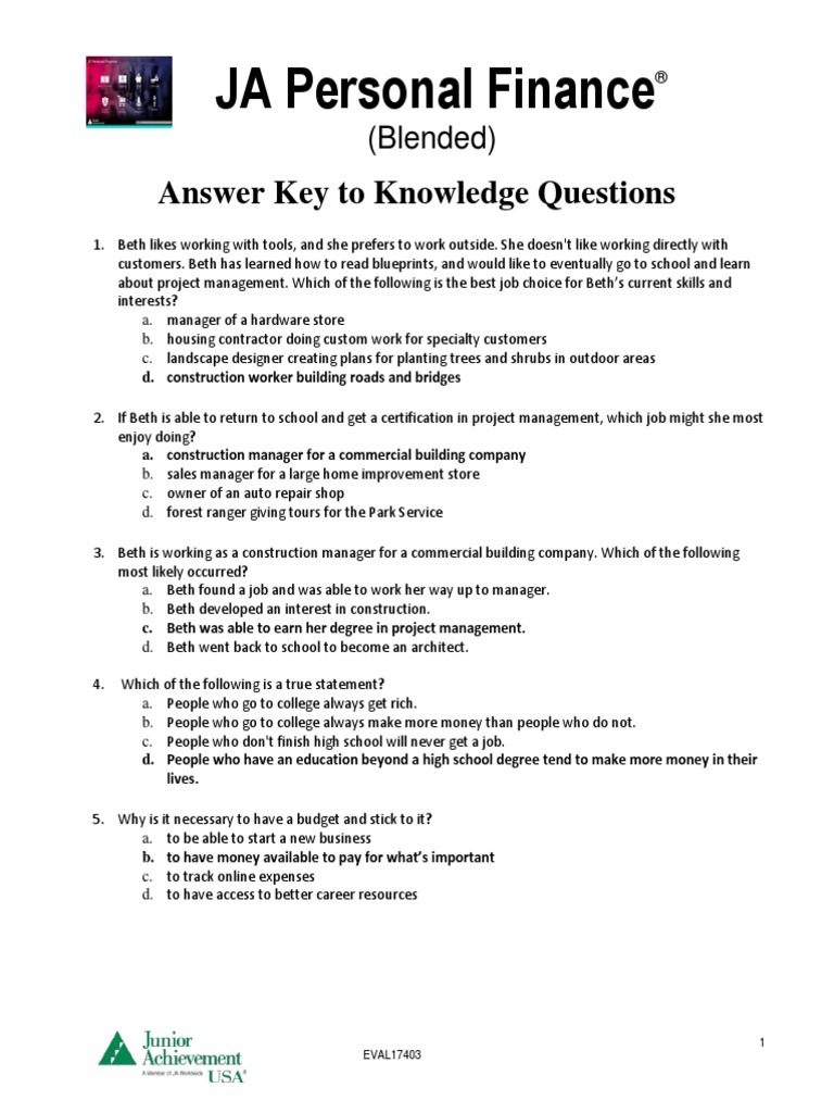 JA Personal Finance - Blended - Answer Key - 19-20 | PDF | Credit ...
