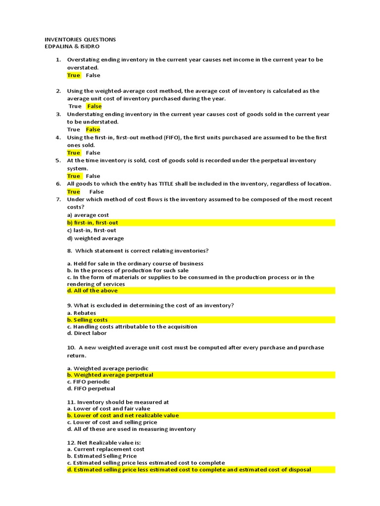 Inventories Questions Edpalina-Isidro | PDF | Cost Of Goods Sold ...