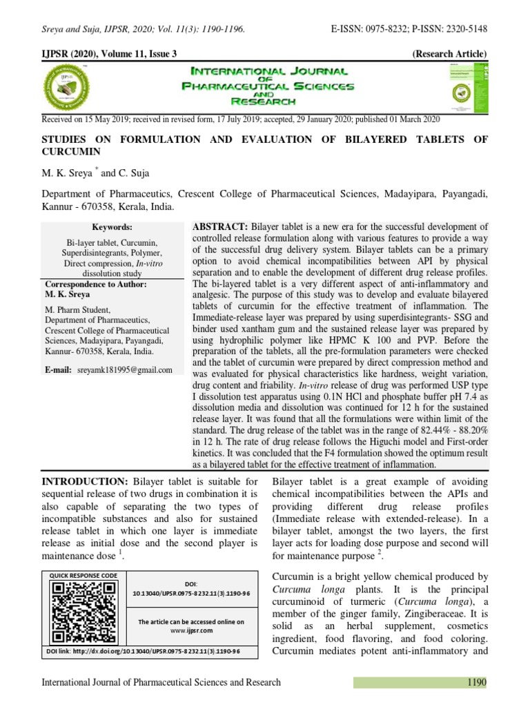 Studies On Formulation and Evaluation of Bilayered Tablets of Curcumin ...