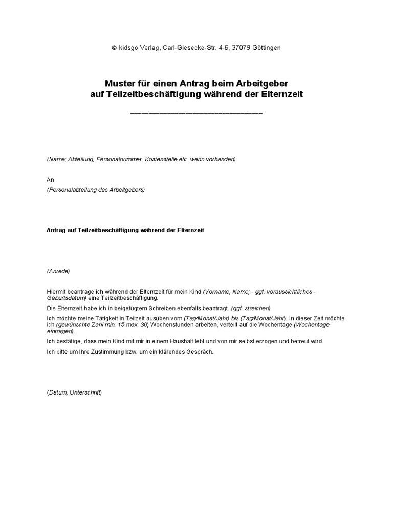 Muster Antrag Teilzeit Waehrend Elternzeit | PDF