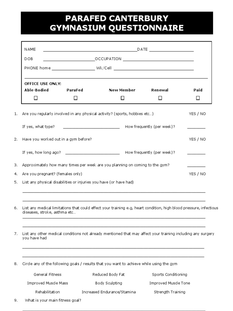 Parafed Canterbury Gymnasium Questionnaire Name Date DOB Occupation