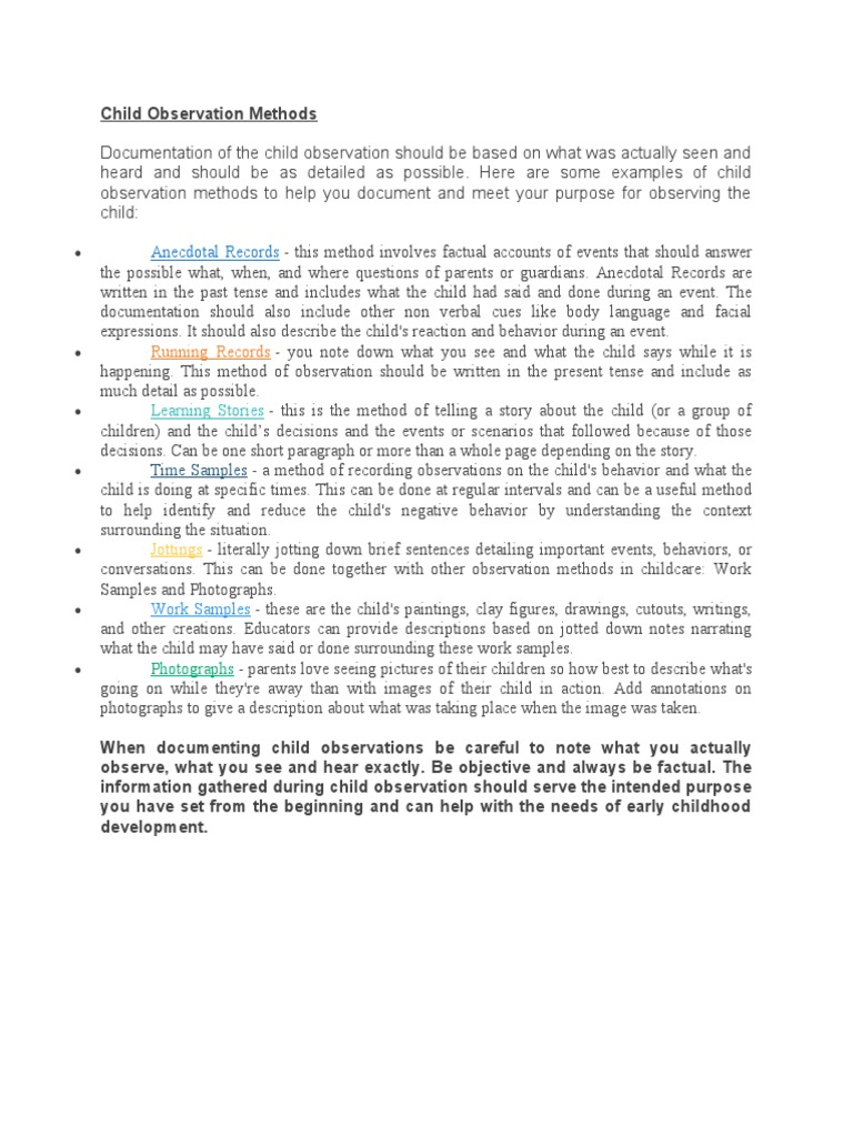 Child Observation Methods Explained | PDF | Observation | Child Care