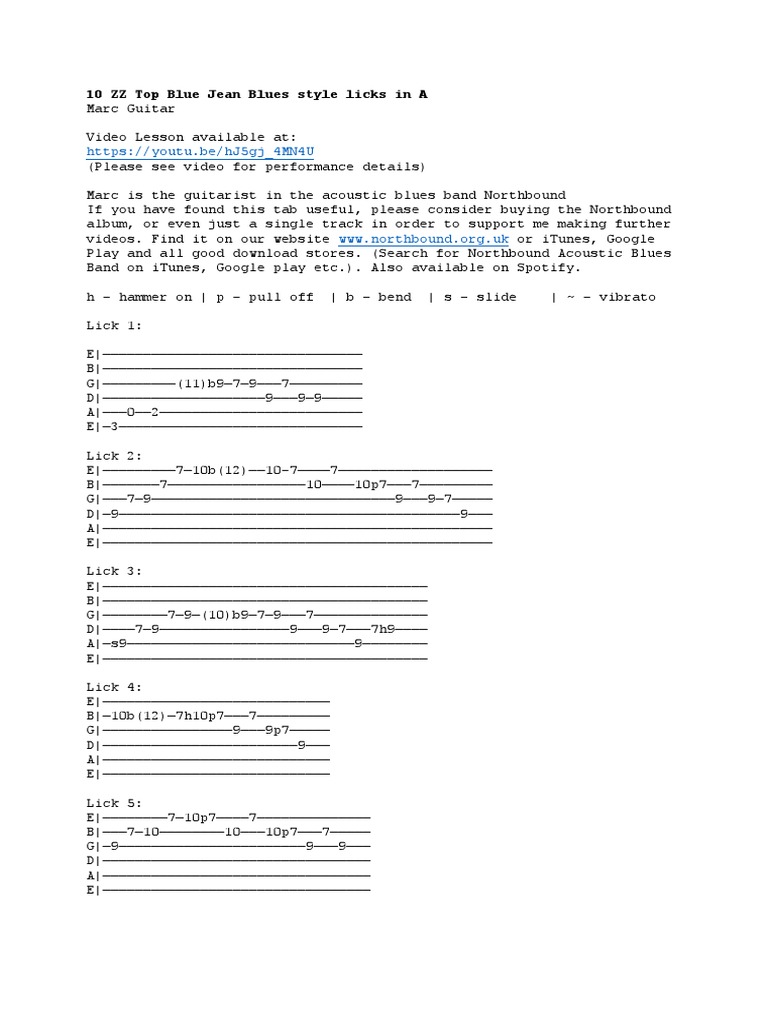 Marc Guitar ZZ Top Blue Jean Blues Style TAB PDF Guitars Guitar Family Instruments