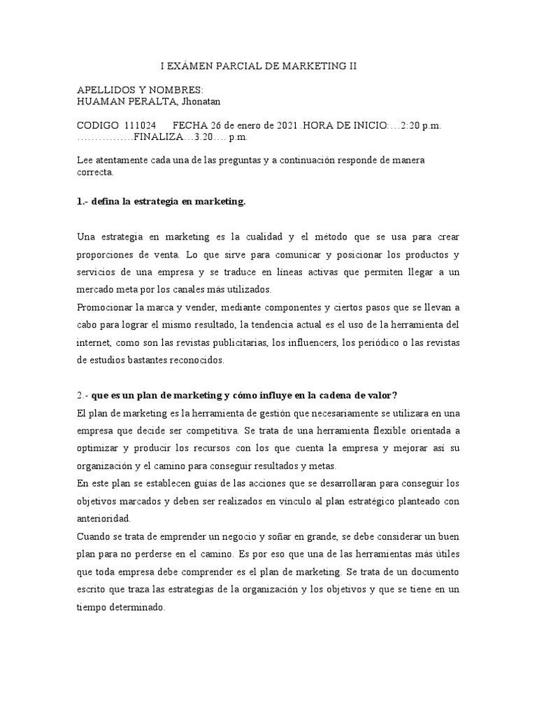 Examen Parcial de Marketing II | PDF | Cadena de valor | Empresas