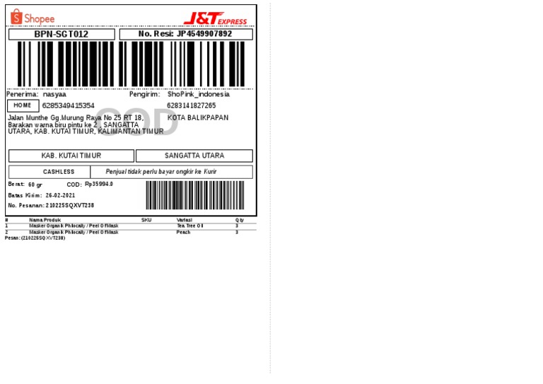 Perbedaan Resi COD dan Non-COD J&T | PDF
