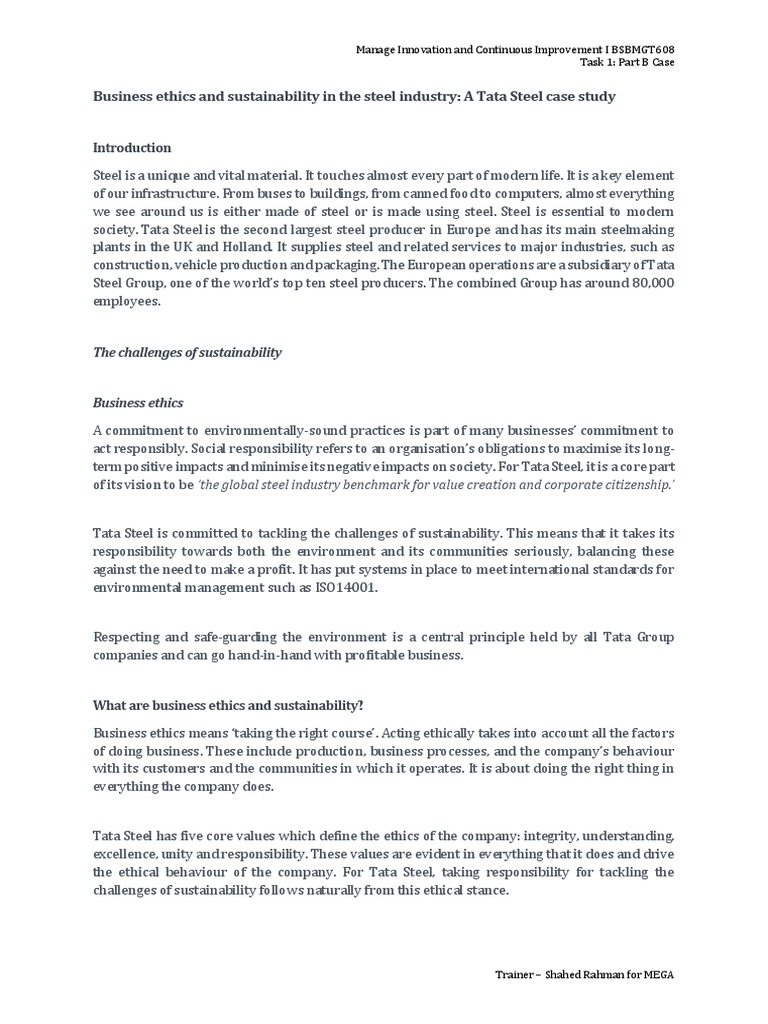 Tata Steel: Ethics and Sustainability Case | PDF | Life Cycle ...