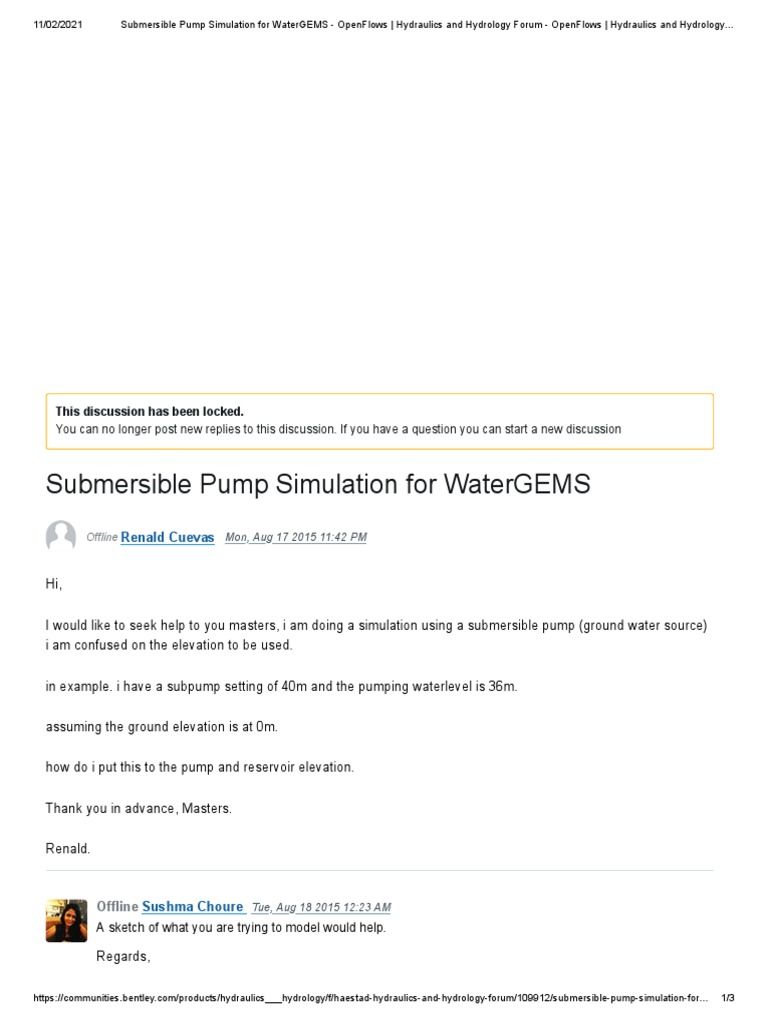 Submersible Pump Simulation For WaterGEMS OpenFlows Hydraulics and Hydrology Forum