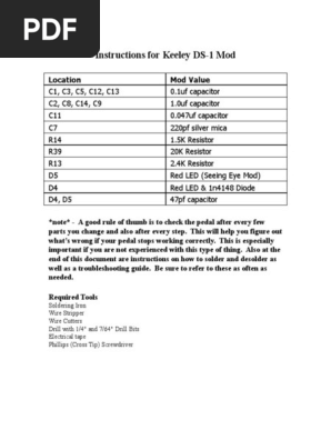 Keeley DS-1 Mod Instructions Guide | PDF | Soldering