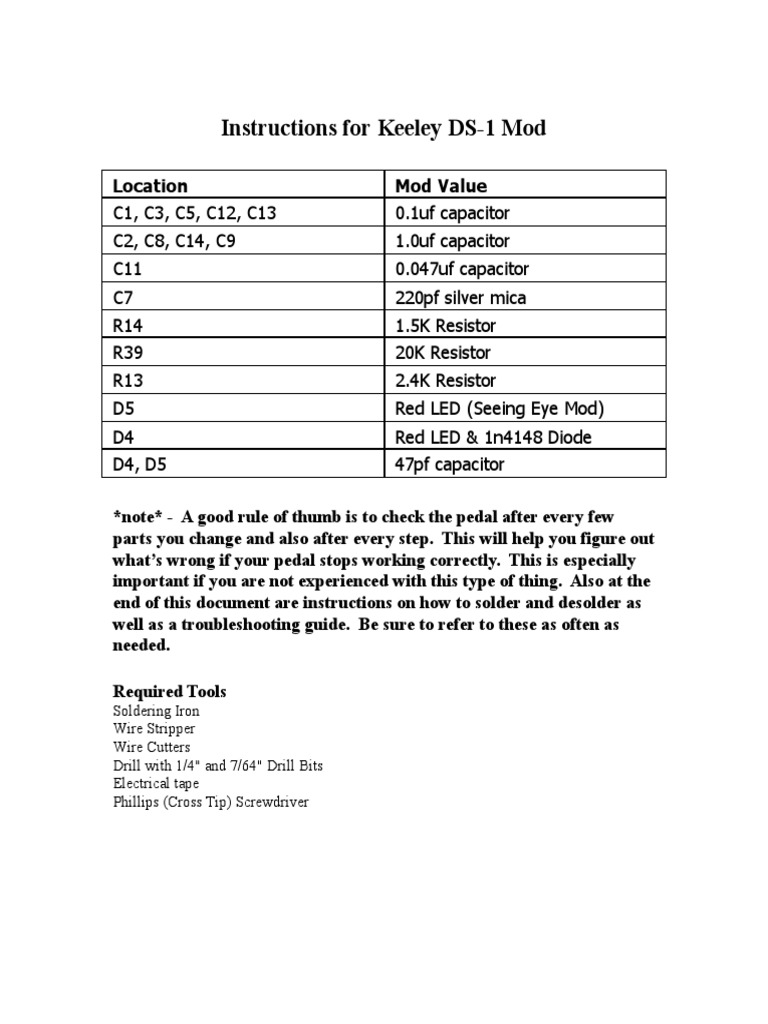 Keeley DS-1 Mod Instructions Guide | PDF | Soldering