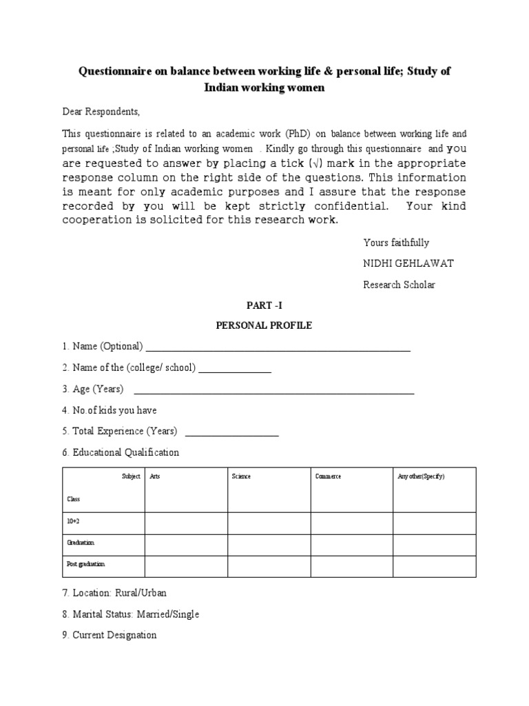 Questionnaire On Balance Between Working Life & Personal Life Study of ...