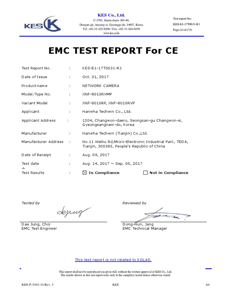Emc Test Report For Ce: KES Co., LTD | PDF | Camera Lens | Ip Address
