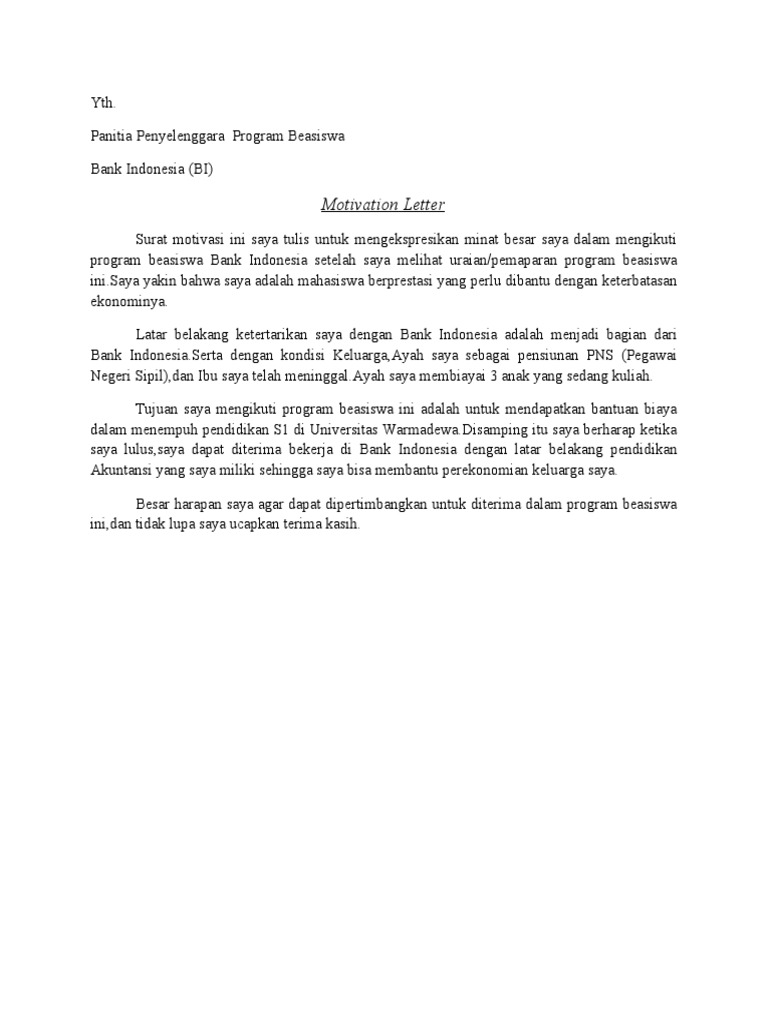 Motivation Letter Beasiswa Bank Indonesia | PDF