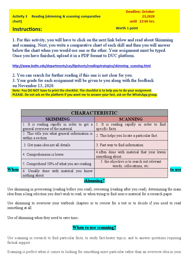 Skimming vs Scanning Assignment Guide | PDF | Speed Reading | Reading ...