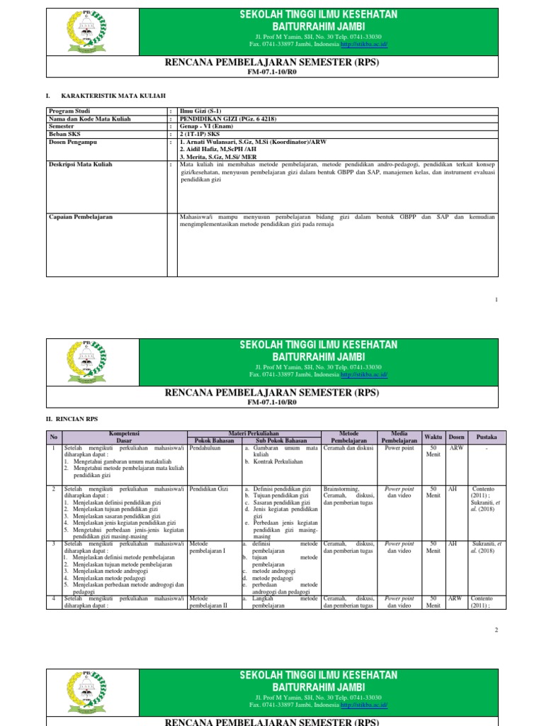 RPS Pendidikan Gizi S-1 STIKes Baiturrahim | PDF