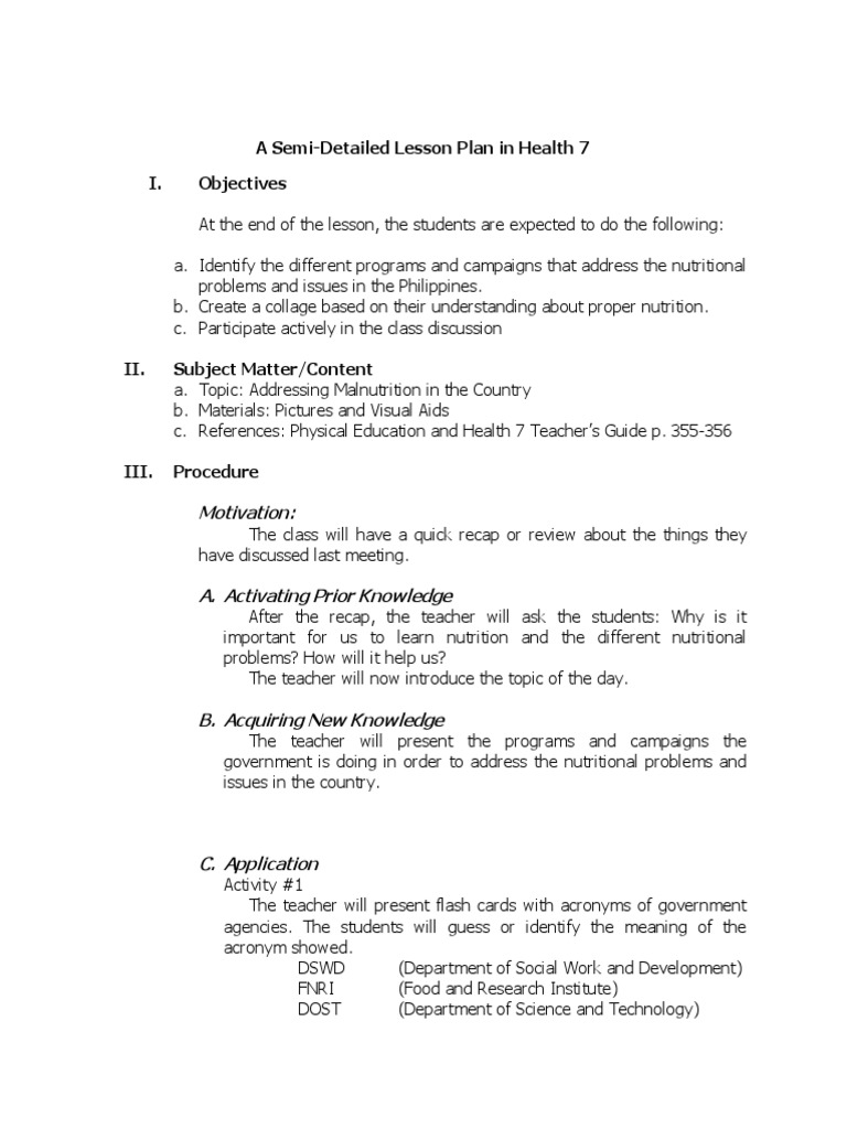 Lesson Plan Addressing Malnutrition Pdf Lesson Plan Rubric Academic