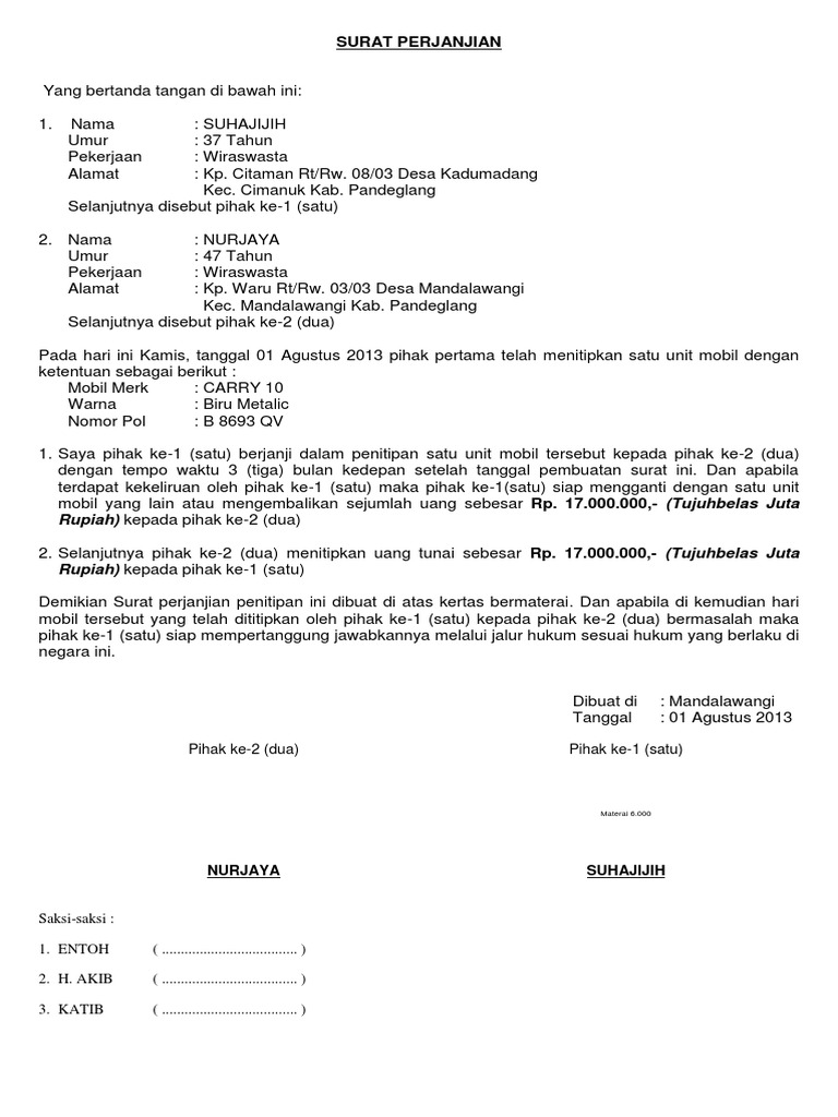 Surat Perjanjian Penitipan Mobil Pdf