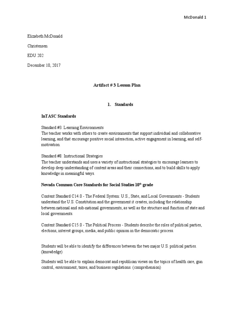 Artifact 3 Lesson Plan Pdf Lesson Plan Learning Styles