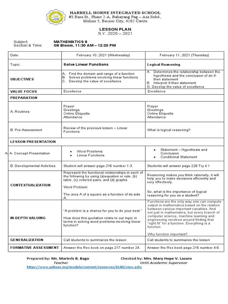 Math 8 Lesson Plan: Linear Functions | PDF | Linearity | Function ...