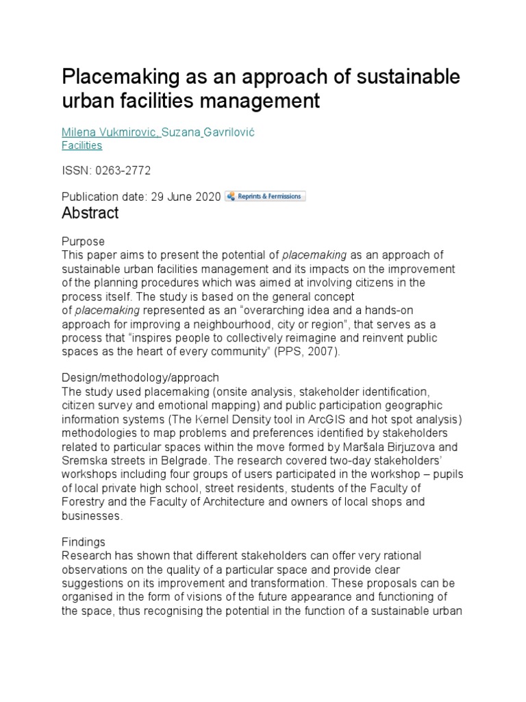 Placemaking As An Approach of Sustainable Urban Facilities Management