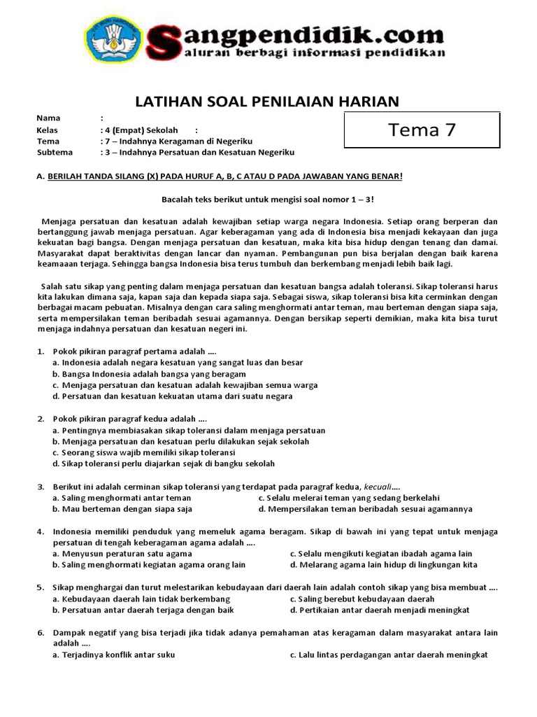Soal Tematik Kelas 4 SD Tema 7 Subtema 3 | PDF