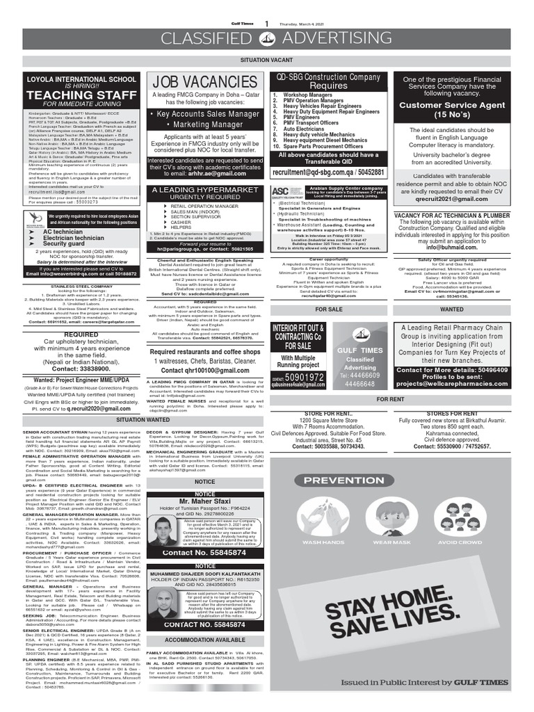 Classified Advertising: Job Vacancies Job Vacancies | PDF | Qatar ...