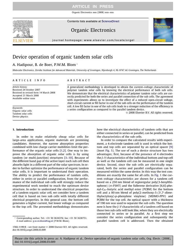 Device Operation of Organic Tandem Solar Cells | PDF | Solar Cell ...
