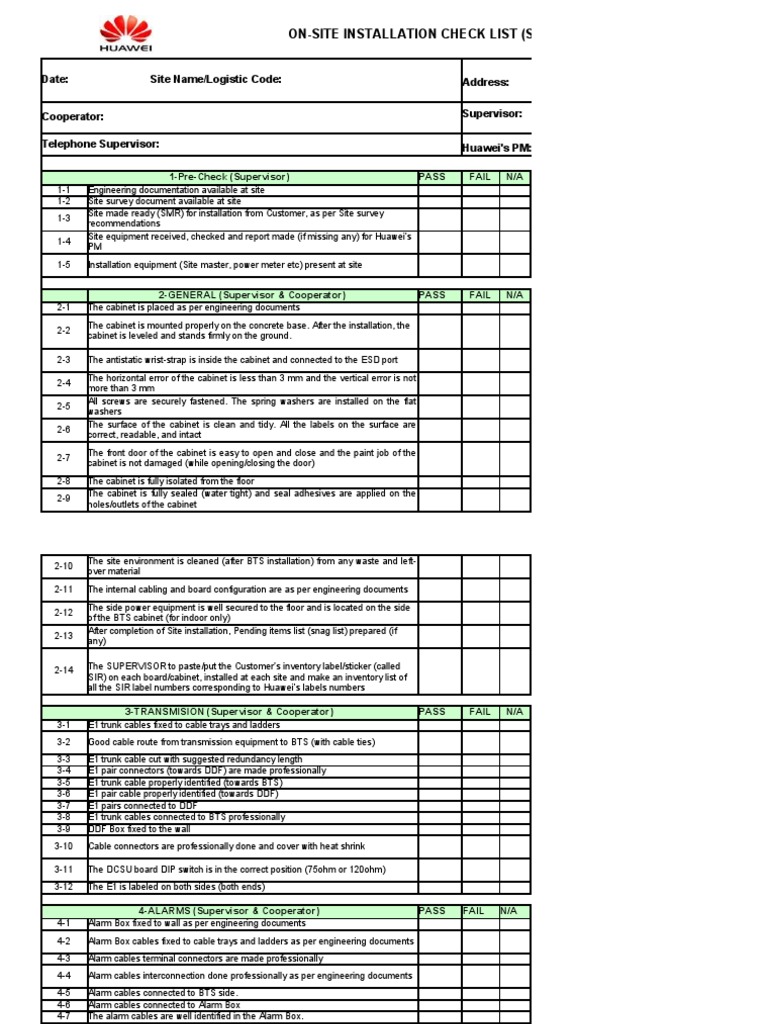 On site installation check list 5.0 Electrical Connector Antenna