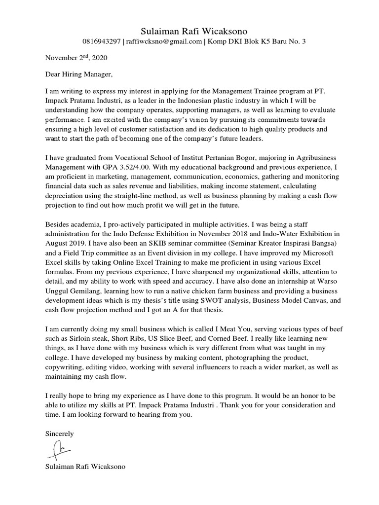 Cover Letter Management Trainee Pdf Business Economies