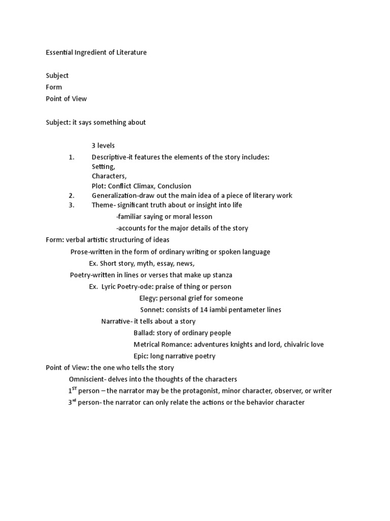 Essential Elements of Literature Explained | PDF | Narration | Plot ...