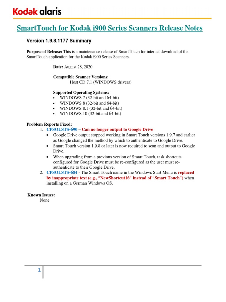 Smarttouch For Kodak I900 Series Scanners Release Notes Version 1 9 8