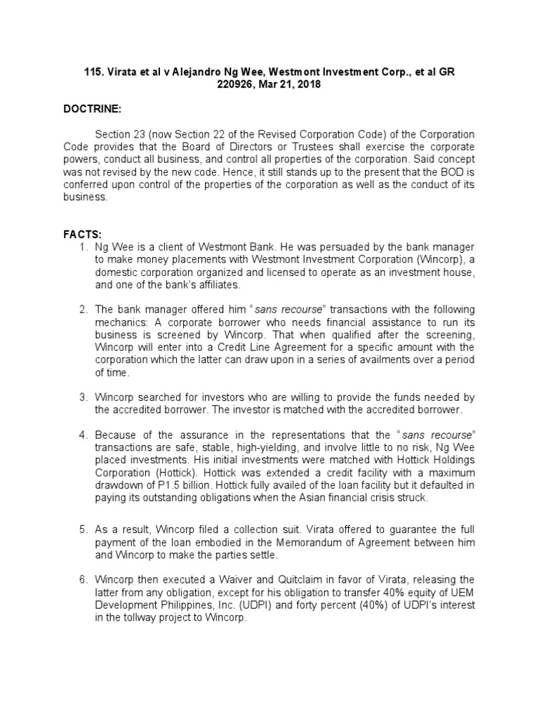 115Virata Et Al v. Alejandro NG Wee PDF Loans Board Of Directors