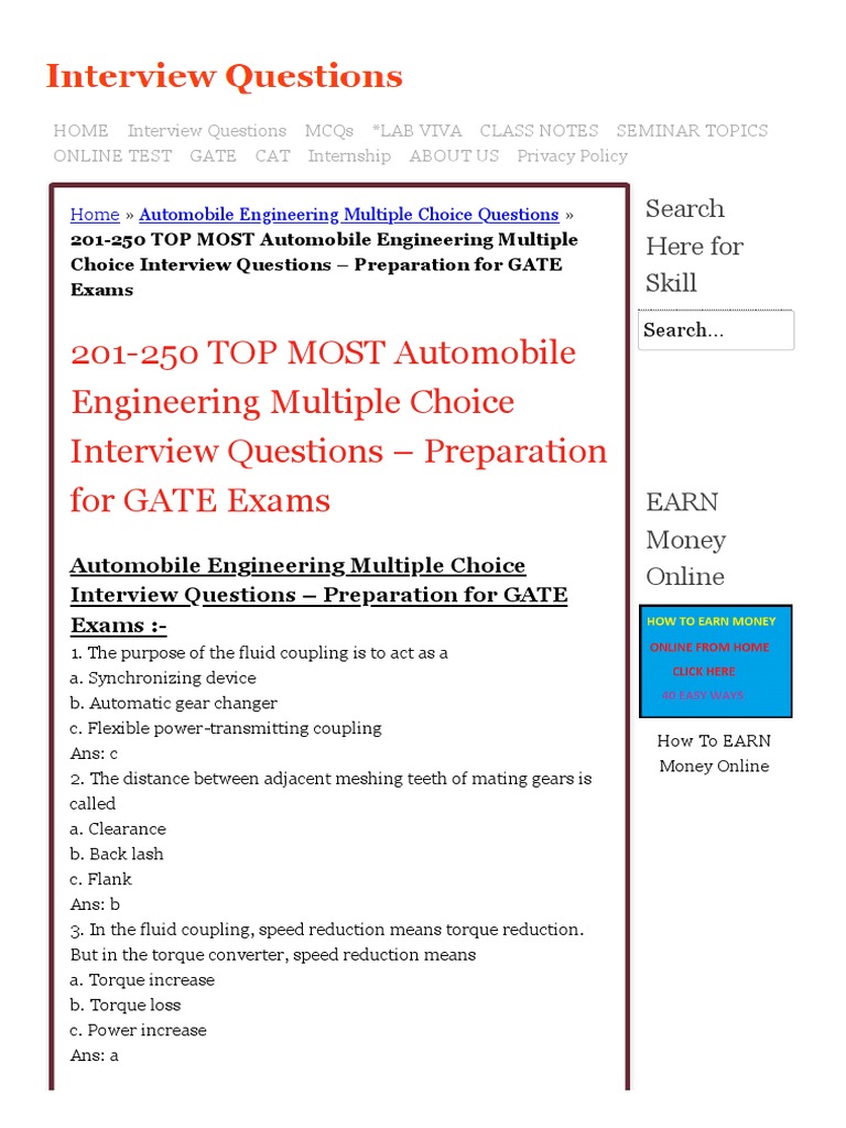 201250 TOP MOST Automobile Engineering Multiple Choice Interview