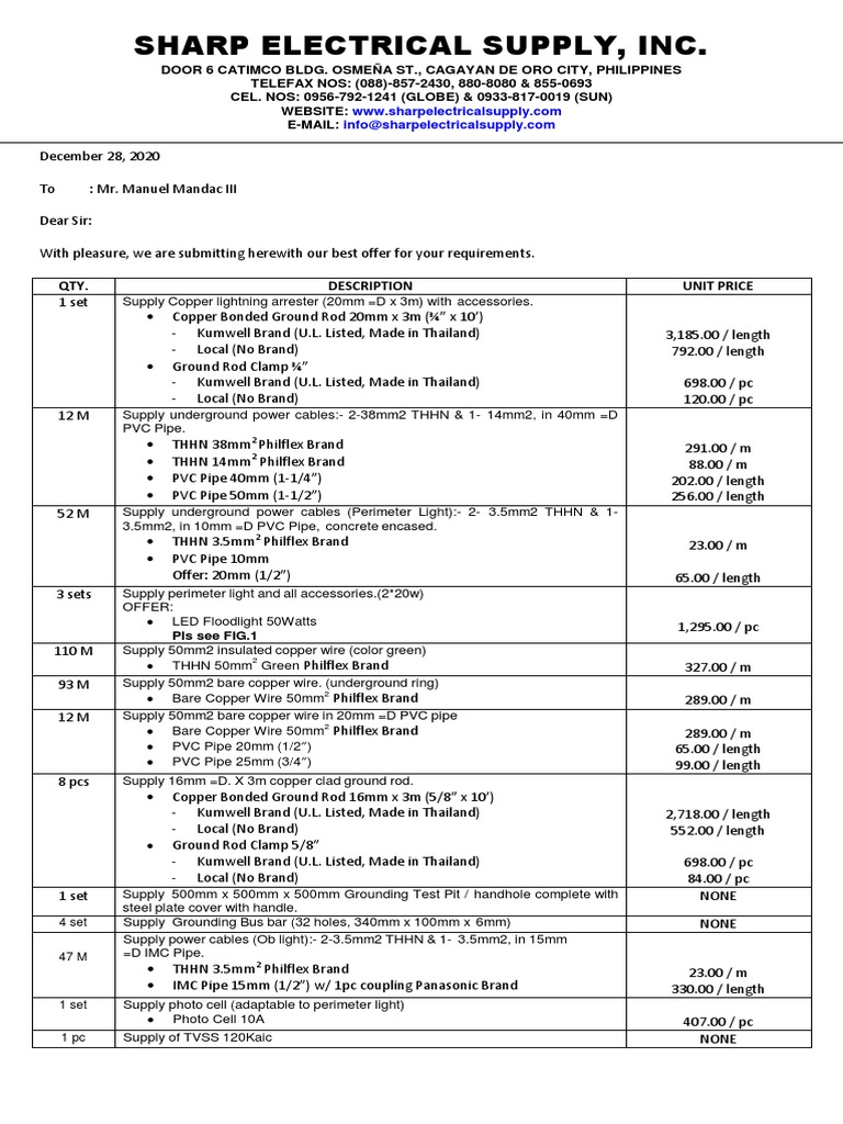 Sharp Electrical Supply Quotation | PDF | Electric Power | Wire