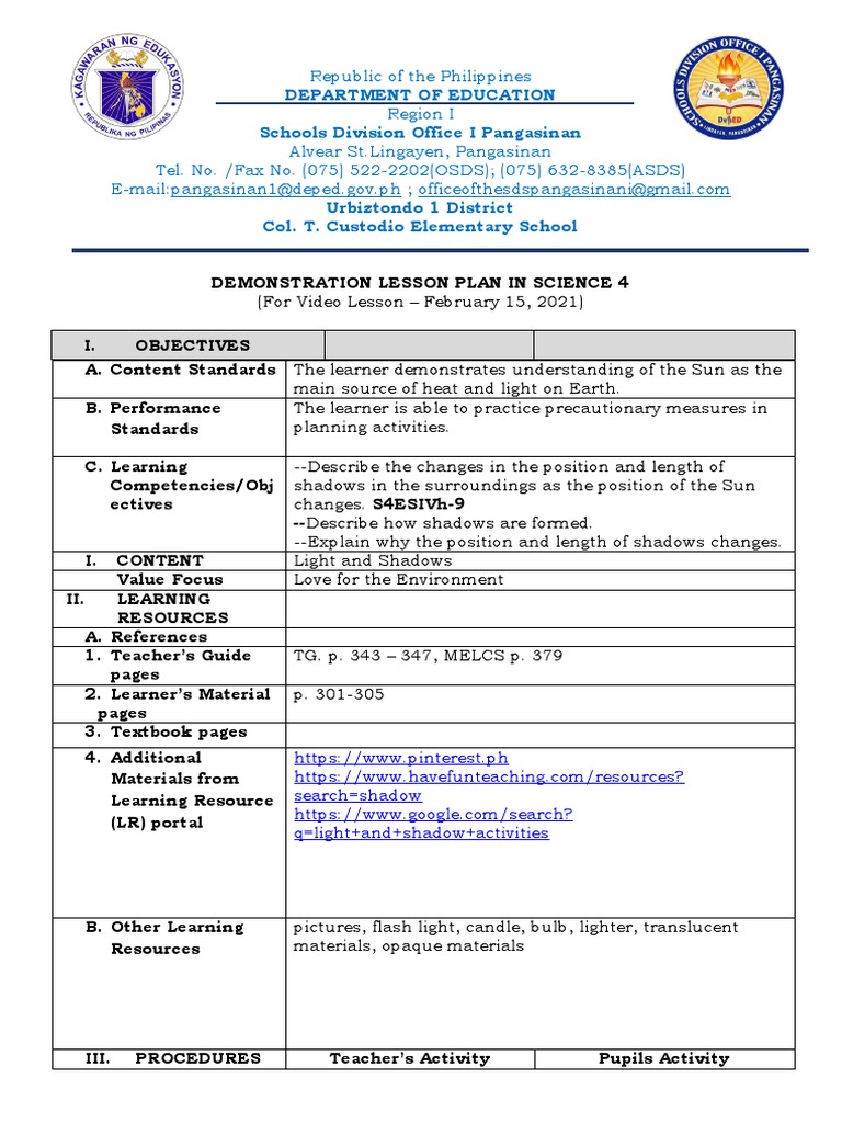 Science 4 Lesson Plan: Light and Shadows | PDF | Shadow | Horizon