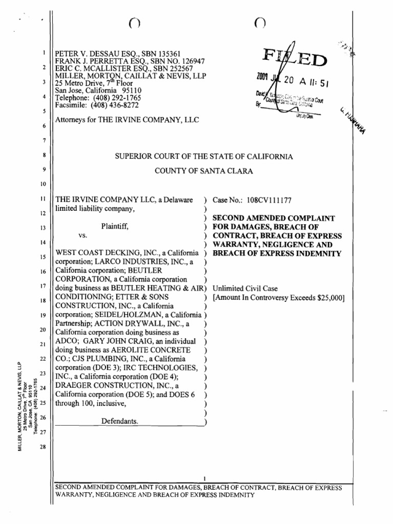 ) Second Amended Complaint For Damages, Breach of Contract, Breach of