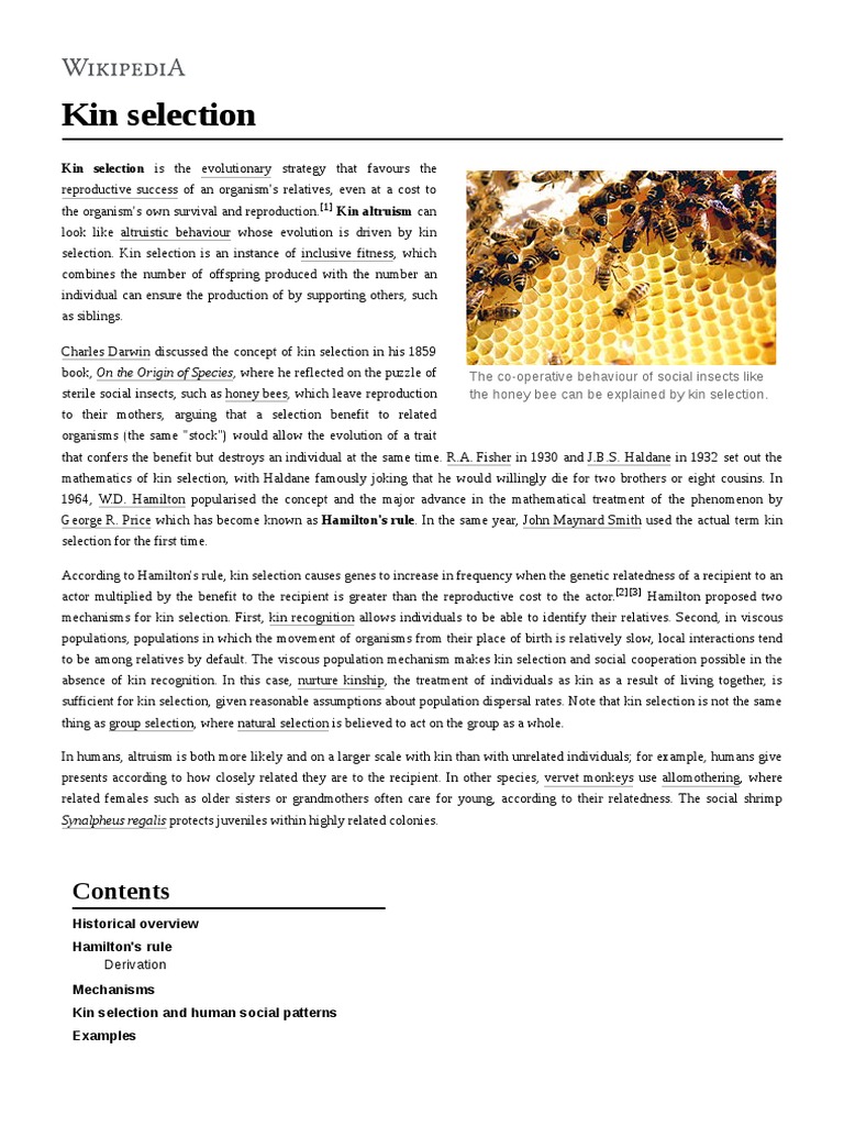 Kin Selection PDF Natural Selection Biological Evolution