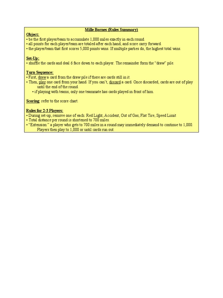 Mille Bornes (Rules Summary) | PDF | Consumer Goods | Ephemera