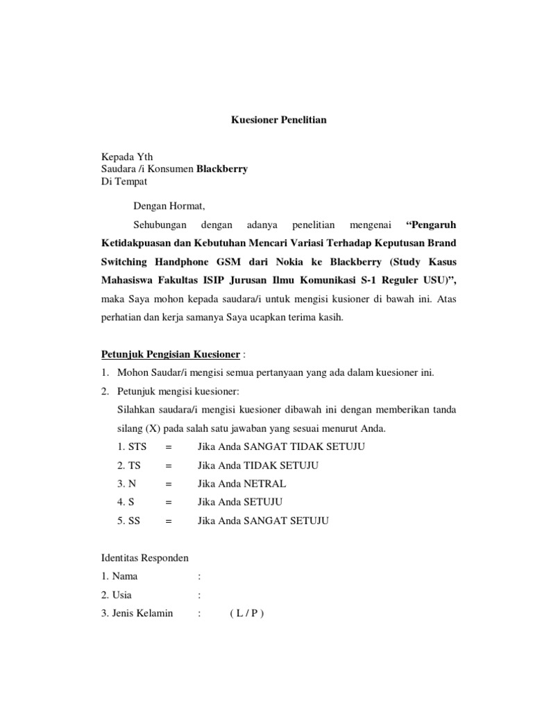 Kuesioner Penelitian: Universitas Sumatera Utara